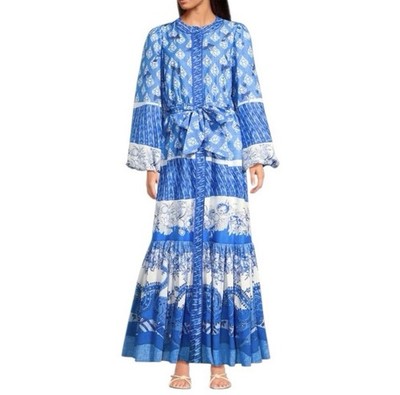 A Loves A Small Border Print Mandarin Collar Long Sleeve Button Front Maxi Dress