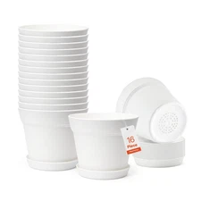 16 Pack 6" Plastic Plant Pots with Drainage Holes and Detachable Saucers