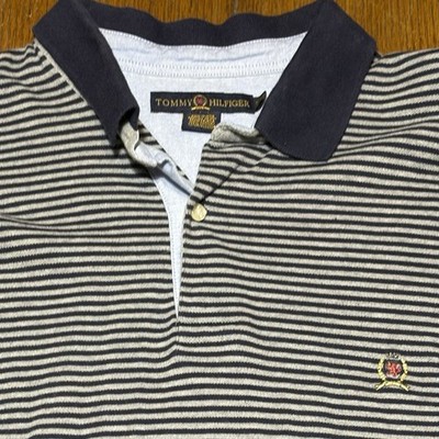 Vintage Tommy Hilfiger Crest Logo Striped Polo Shirt Mens 2XL Black White Y2K