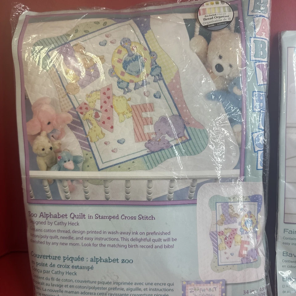 2 Dimensions Baby Hugs Fairy Quilt & Bibs Stamped Cross Stitch 43"x 34" New - Image 2 of 4