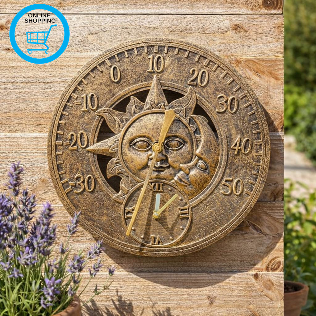 Large Bronze Sun & Moon Outdoor Clock and Thermometer - 30Cm Weatherproof round