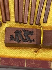Vintage Cherry Wooden Japanese Dragon Engraved Chopsticks Set in Tassel Stamped