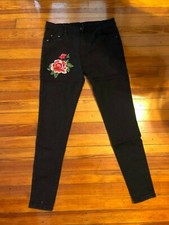 Women’s Jeans Black Embroidered Flowers Size 36