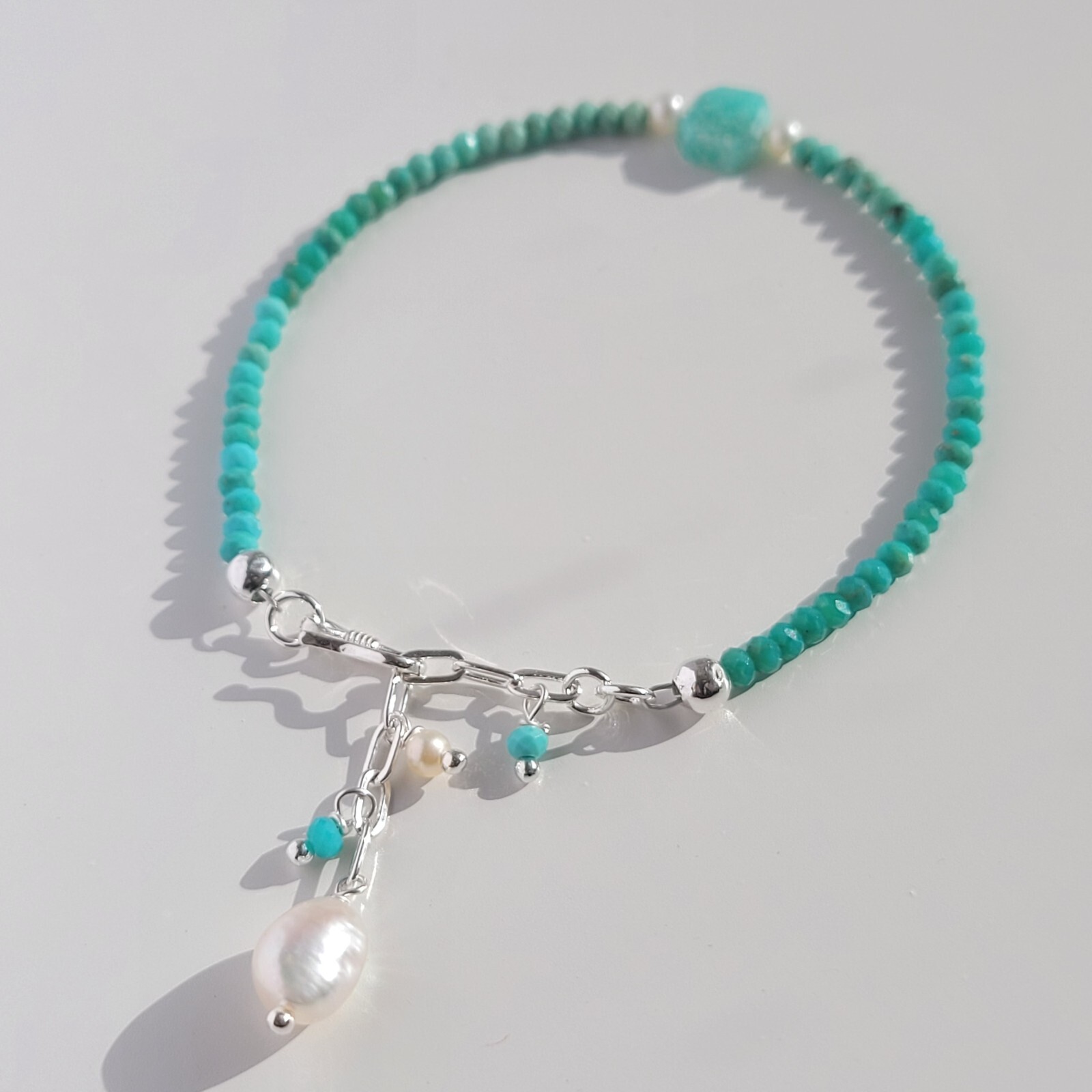 Bracelet argent 925 véritable avec pierre turquoise naturelle, amazonite et perle de culture