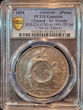 Guatemala (Peso) 1894 PCGS AU Detalles KM-224 C/M en 1891-TF Sol C/M-AU Detalles