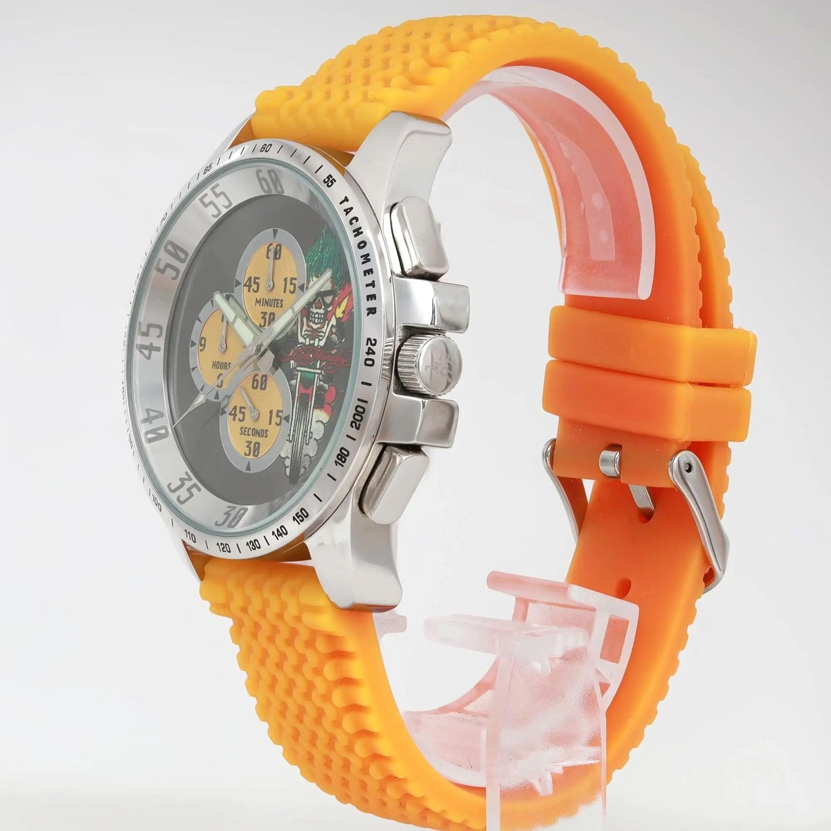 Ed Hardy 45mm Gray Sunburst Dial Dragster Orange Mens Watch DR OR