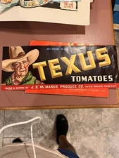 Texas Crate Label Texus Cowboy Western Man Tall Hat Tomatoes Vintage 1940s 