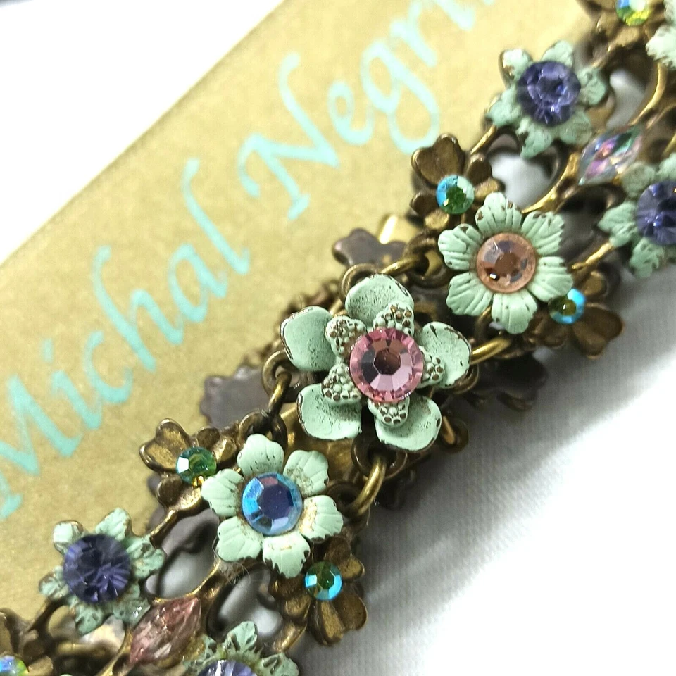 Браслет Michal Negrin цветочная эмаль цветы кристаллы широкая пастель зеленый фиолетовый - Изображение 2 из 4