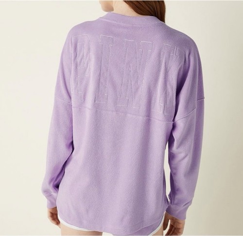 Victoria's Secret PINK Varsity Terry V-Neck Long Sleeve Sweatshirt Purple XS - Picture 2 of 2