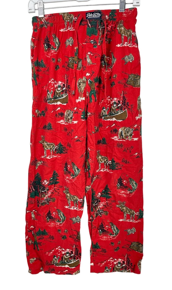 Polo Ralph Lauren Outdoors Men's Flannel Pajama Pants Red Fishing Bear S  Small