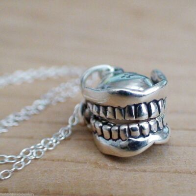 Bewegliche Zahnersatz Halskette -925 Sterling Silber- Zahnarzt Anhänger Zähne Kieferorthopäde