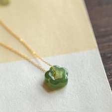 Dark Green Jade Flower Shaped Pendant Healing Protection Dainty Women Necklace