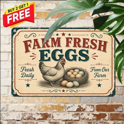 Farm Fresh Chicken Eggs Sale Grocery Market Dairy Peddler Decor Metal Tin Plaque