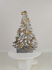 Vintage 1981 Metzke Pewter Decorated Christmas Tree Candle Holder Silver Gold