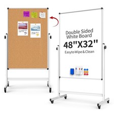 Double-Sided Corkboard Whiteboard, 32 x 48 Inches Dry Erase Board on Wheels, ...