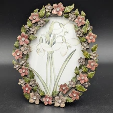 Two's Company Oval Floral Garland Crystal Enamel Picture Frame Metal 4 x 6 Photo