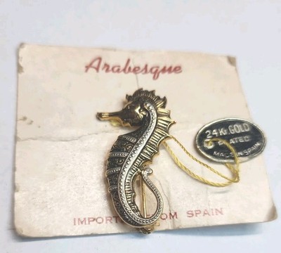 Vintage Arabesque 24k Gold Plated Seahorse Brooch Made In Spain Original Tag 2''