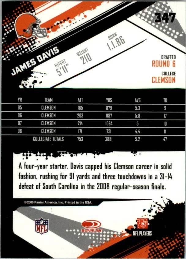2009 Score Glossy #347 James Davis - FB - Image 2 of 2