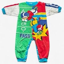 Vtg 90s Pattycakes Baby Romper 24M Made in USA Colorblock Cat Boy Graphic AOP