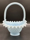 Fenton 8″ Blue Hobnail Milk Glass Basket Crimped Ruffled Edge Vintage