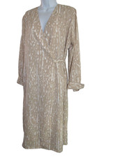Calvin Klein Women's sz 8 Beige Print V-Neck Long Sleeve Wrap Midi Dress Pockets