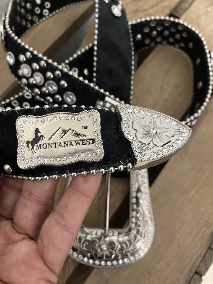Montana West 女式西部水钻女牛仔腰带印花 38 码黑色皮  — 第 4/4 张图片