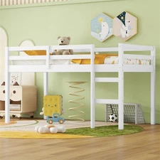 Rubber Wooden Twin Size Low Loft Bed with Ladder,Guardrails &Storage Space,White