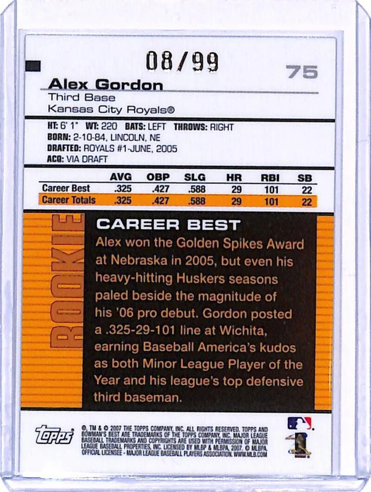 2007 Bowman's Best Blue #75a Alex Gordon 8/99 Kansas City Royals Baseball Rookie - Image 2 of 2
