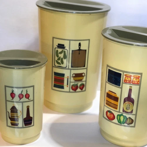 Set of 3 Vintage Olive Green Canisters with Kitchen Graphics
