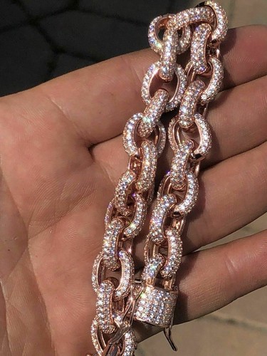 Icy Hip Hop Rolo Bracelet Rose Gold Plated Real Solid 925 Silver CZ 12mm - Picture 7 of 12