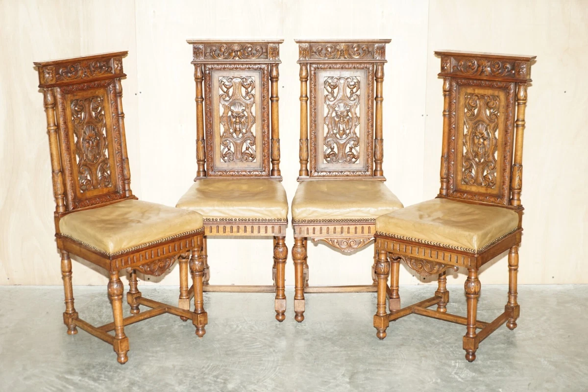 SIX ANTIQUE HAND CARVED WALNUT BROWN LEATHER GOTHIC REVIVAL DINING CHAIRS 6