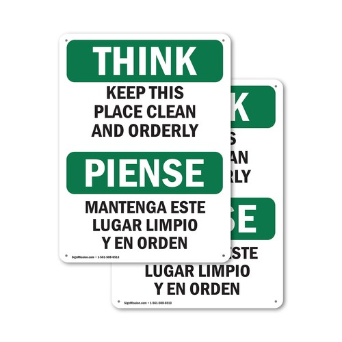 (2 Pack) Keep This Place Clean Orderly Bilingual OSHA Think Sign Decal Metal - 第 1/21 張圖片