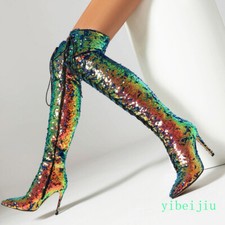 Women's Sequins Over The Knee High Long Boots Heel Performance Shoes Lady Stage