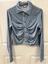 So Good For Life Women LongSleeve Velour Corduroy ButtonShirt BlueFlower Sz L