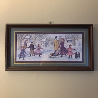 victorian ice skating Joan Stier print Wood framed 21.5 Lx11.5 H Winter Scene