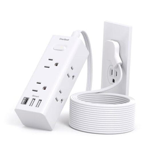 10Ft Extension Cord with Multiple Outlets, Flat Plug Power Strip 10FT White-image