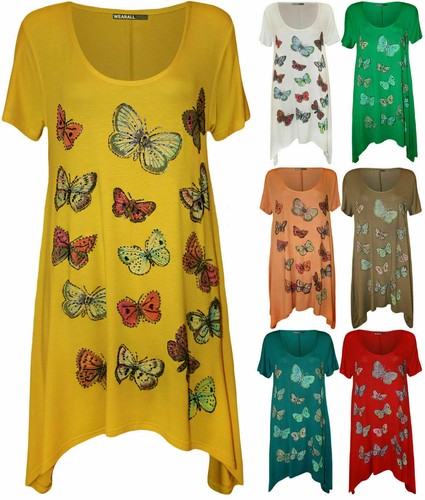 Womens Ladies Plus Size Short Sleeve Butterfly Print Hanky Hem T-Shirt Top Dress - Picture 17 of 17