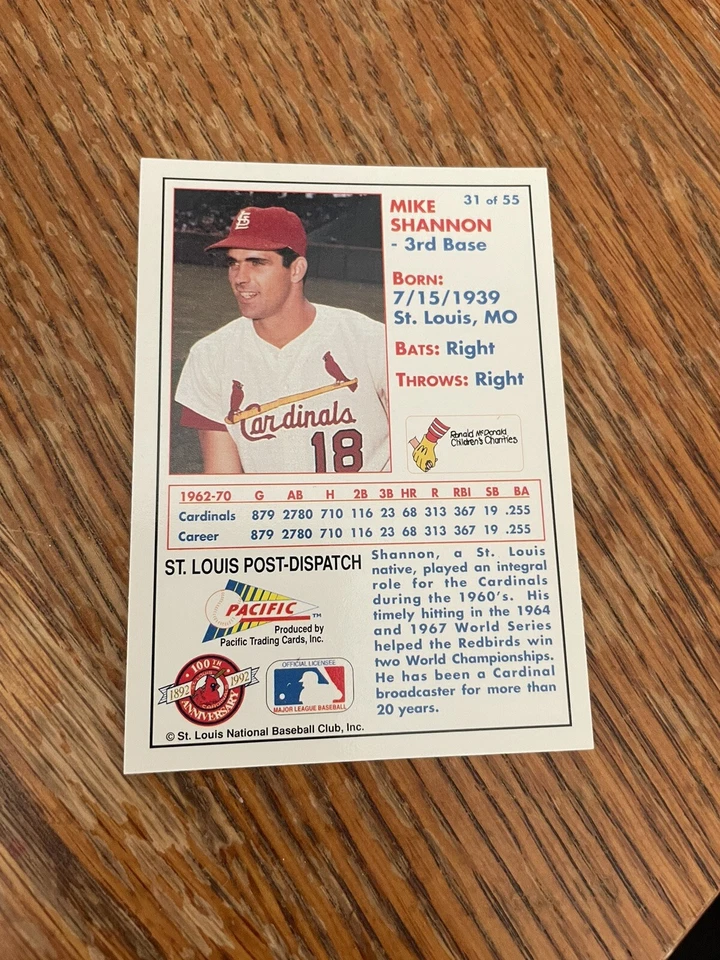 1992 McDonald's St Louis Cardinals 100th Anniversary Mike Shannon #31 - Image 2 of 2