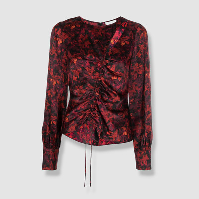 $395 Cinq à Sept Women's Red Silk ''Ezrah'' Floral Print Ruched Cutout Blouse Sz L