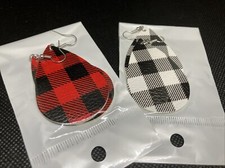 Black Red White Buffalo Plaid teardrop Earrings Faux leather Christmas 370