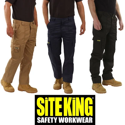 SITE KING Original Mens Cargo Combat Black Work Trousers Size 28 to 56