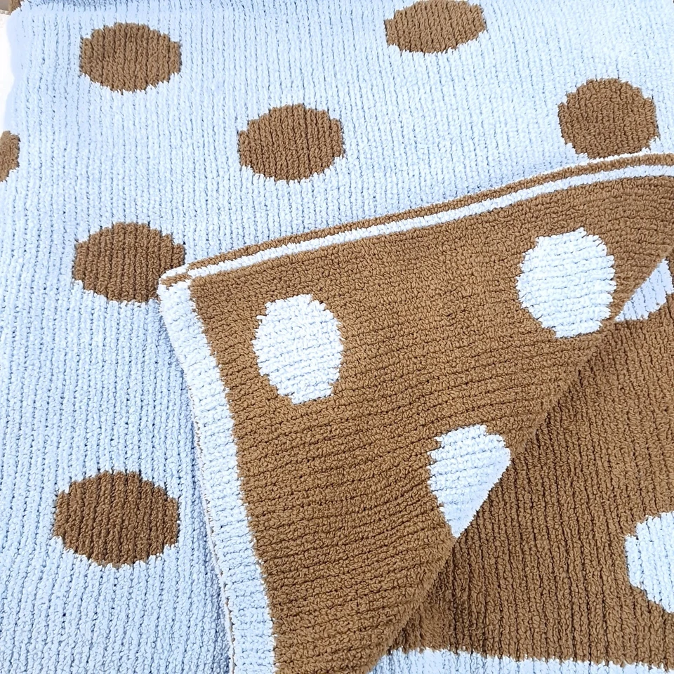 Cocalo Baby Blanket Blue Brown Polka Dot Chenille Plush sweater Knit Reversible - Image 3 of 4
