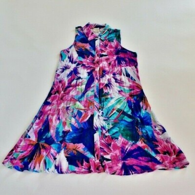 Cupio Women's Pink Blue Floral Sleeveless A Line Button Down