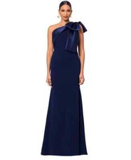 Betsy and Adam Navy Blue Bow One-Shoulder Crepe Mermaid Gown Size 16 269