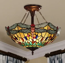 Stained Glass Semi-Flush Ceiling Light Fixture Tiffany Style Dragonfly Design