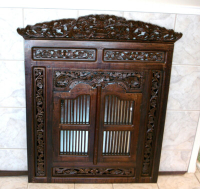 44 3/4'' H  VINTAGE INDONESIAN CARVED HARD HEAVY WOOD WINDOW SHUTTER WALL MIRROR