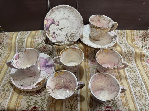 Sascha Brastoff Surf Ballet Pink and Gold Demitasse Cup Saucer Set of 6 - Picture 8 of 24