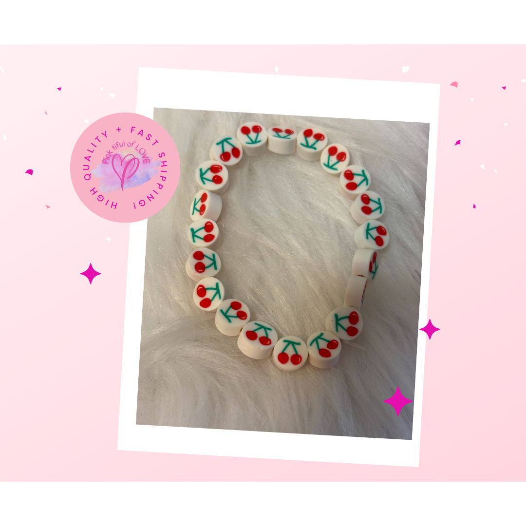 Cherry Red Polymer Clay Beaded Elastic Stretch Bracelet  