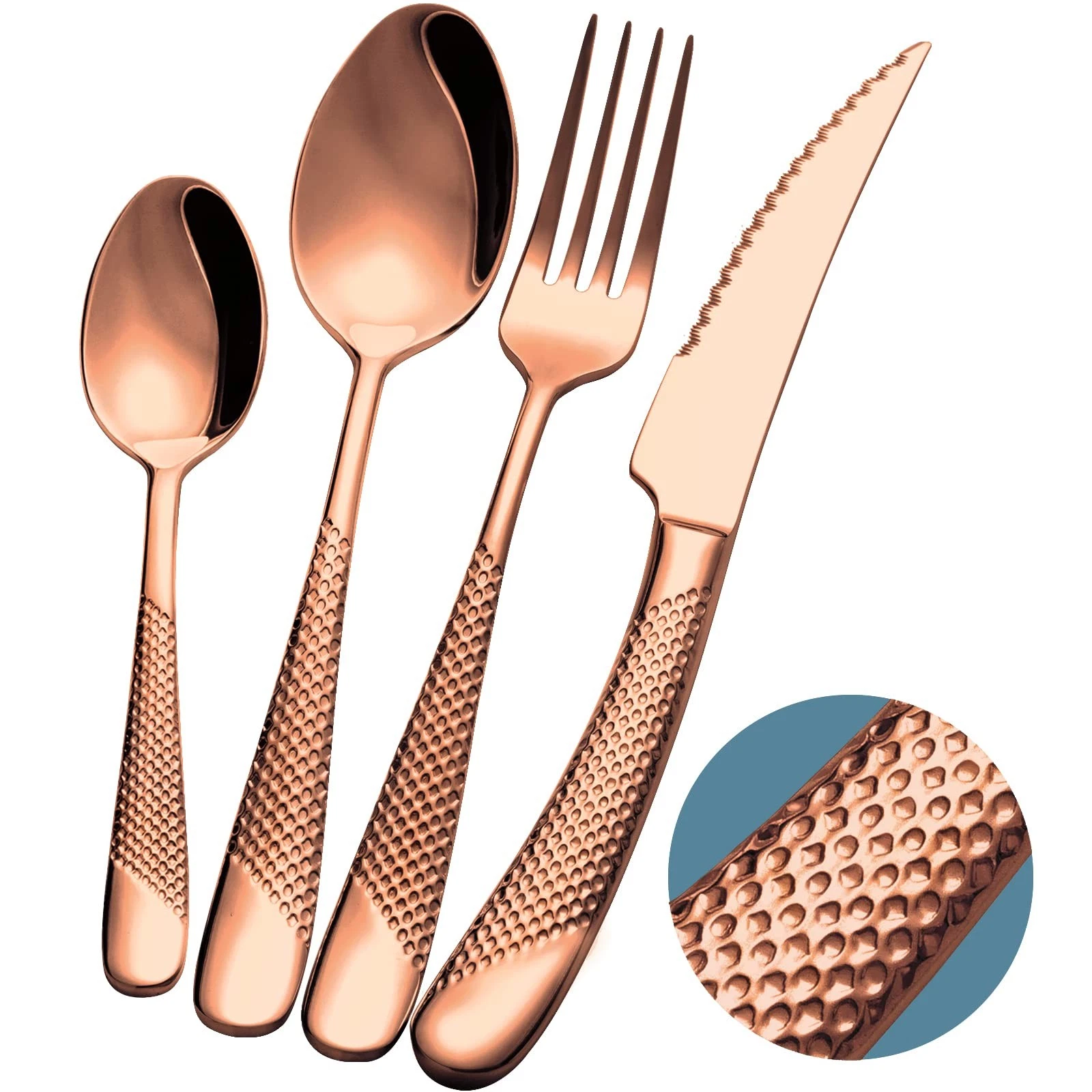 16-Piece ​Modern Copper Hammered Silverware Set with Ultra Sharp 2-IN-1 Serra...