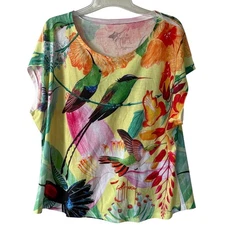 Guy Harvey Tropical Birds T-Shirt size L Boat neck yellow orange 